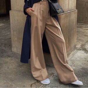 Zara Khaki Pleated Trouser Wide Leg - Size Small